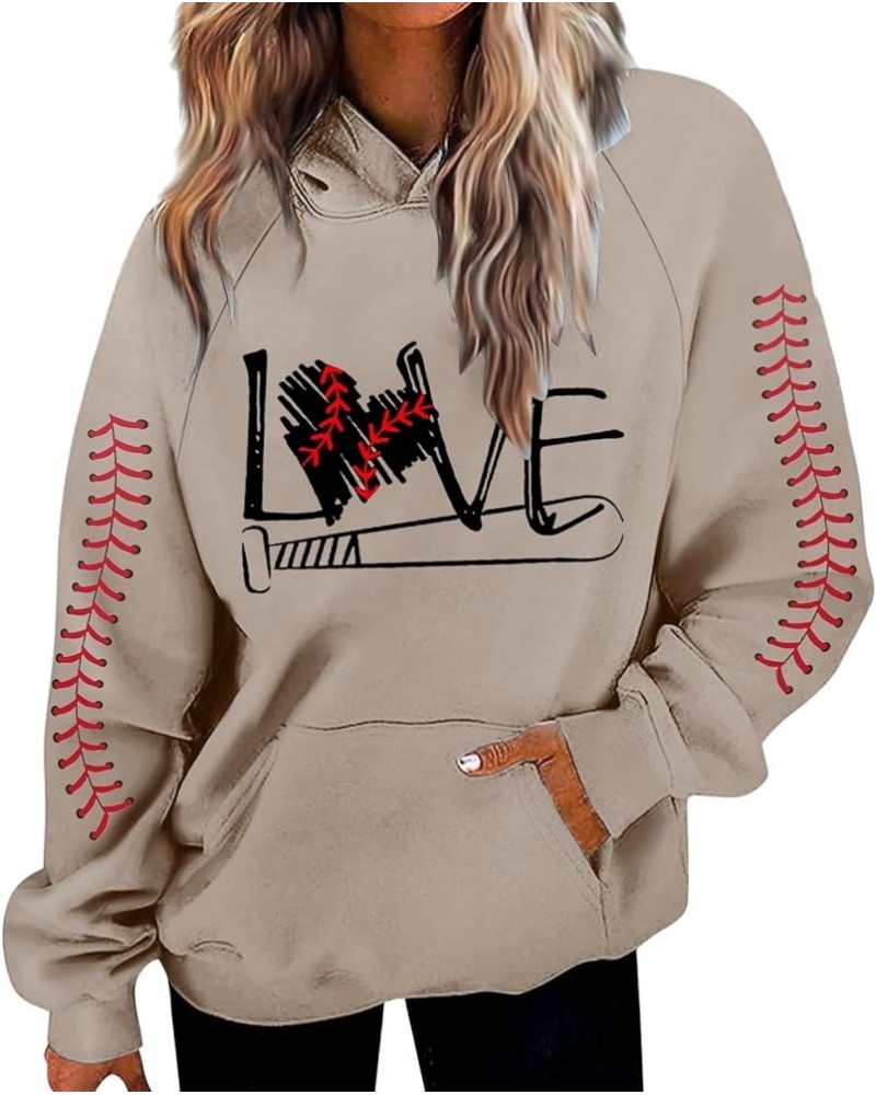 Trendy Hoodies Casual Baseball Game Day Football Pullover Sweatshirts Love Heart Print Loose Fit Athletic Cool Basic Khaki $1...