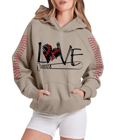 Trendy Hoodies Casual Baseball Game Day Football Pullover Sweatshirts Love Heart Print Loose Fit Athletic Cool Basic Khaki $1...