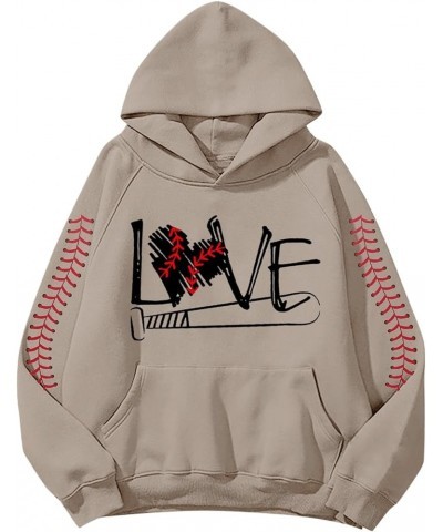 Trendy Hoodies Casual Baseball Game Day Football Pullover Sweatshirts Love Heart Print Loose Fit Athletic Cool Basic Khaki $1...