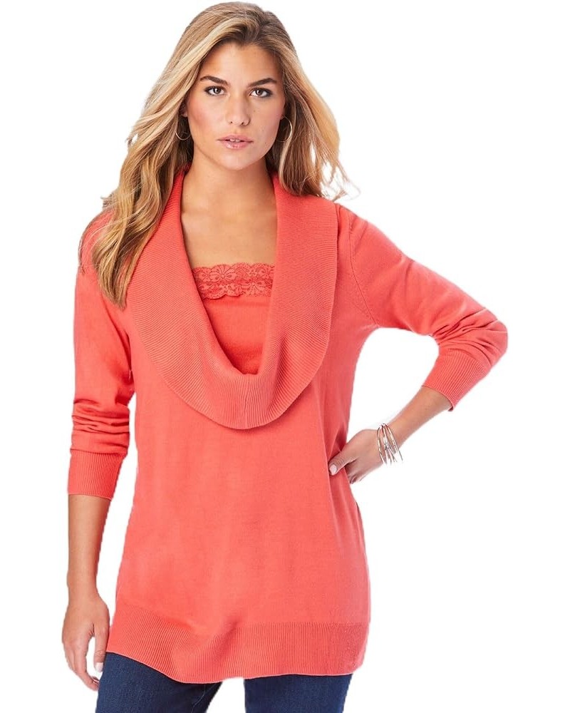 Women's Plus Size Lace-Trim Cowl Neck Sweater Sunset Coral $21.73 Others