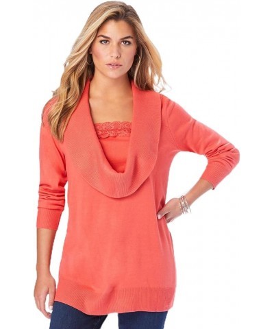 Women's Plus Size Lace-Trim Cowl Neck Sweater Sunset Coral $21.73 Others