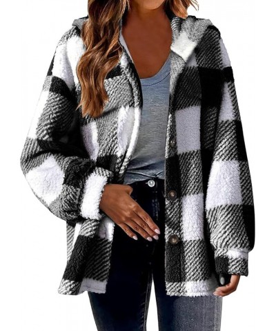 Womens Fuzzy Fur Plaid Jacket Warm Winter Coats Fleece Button Down Peacoat Flannel Shacket Jacket Sherpa Hoodie Plus 03-black...