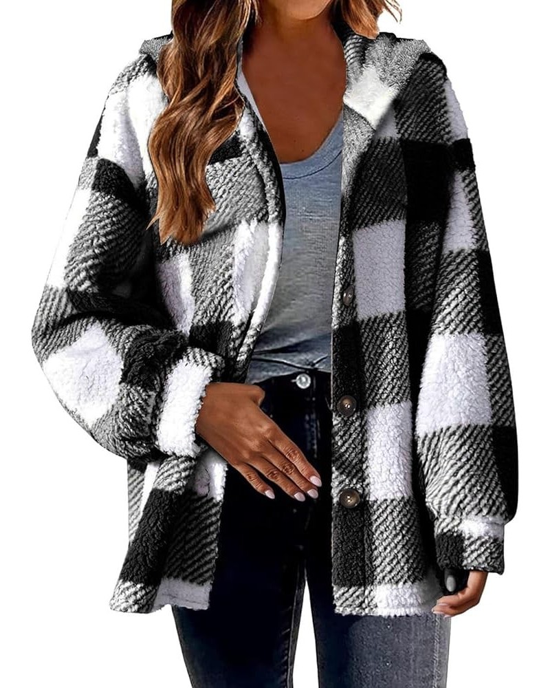 Womens Fuzzy Fur Plaid Jacket Warm Winter Coats Fleece Button Down Peacoat Flannel Shacket Jacket Sherpa Hoodie Plus 03-black...