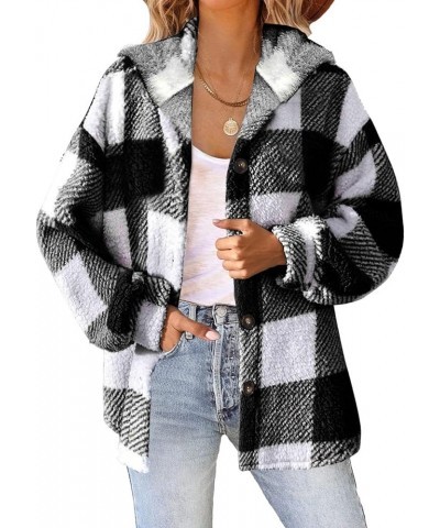 Womens Fuzzy Fur Plaid Jacket Warm Winter Coats Fleece Button Down Peacoat Flannel Shacket Jacket Sherpa Hoodie Plus 03-black...