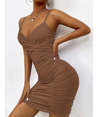 Women's Twist Front Ruched Sleeveless Bodycon Mini Dress Cocoa Brown $21.19 Dresses