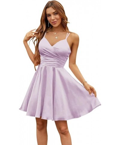 Satin Homecoming Dresses for Teens Short Spaghetti Straps V Neck Prom Party Cocktail Gowns with Pockets Lilac $34.79 Dresses