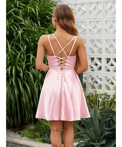 Satin Homecoming Dresses for Teens Short Spaghetti Straps V Neck Prom Party Cocktail Gowns with Pockets Lilac $34.79 Dresses