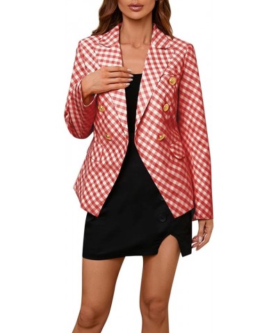 Formal Wool Coat for Women Ladies Autumn Winter V Neck Long Sleeve Plaid Double Breasted Jacket Short Suit Red $11.50 Blazers