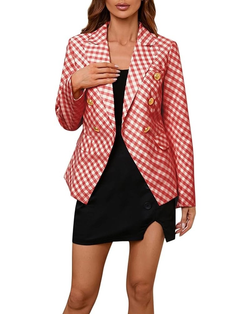 Formal Wool Coat for Women Ladies Autumn Winter V Neck Long Sleeve Plaid Double Breasted Jacket Short Suit Red $11.50 Blazers