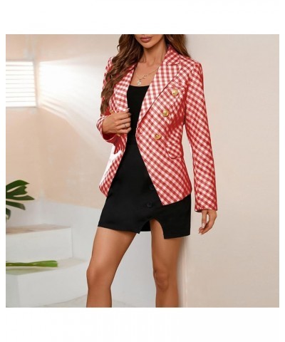 Formal Wool Coat for Women Ladies Autumn Winter V Neck Long Sleeve Plaid Double Breasted Jacket Short Suit Red $11.50 Blazers