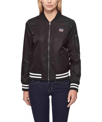 Women's Retro Stripe Rib Knit Bomber Jacket (Standard and Plus Sizes) Black $28.17 Jackets