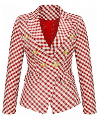 Formal Wool Coat for Women Ladies Autumn Winter V Neck Long Sleeve Plaid Double Breasted Jacket Short Suit Red $11.50 Blazers