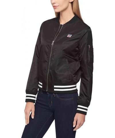 Women's Retro Stripe Rib Knit Bomber Jacket (Standard and Plus Sizes) Black $28.17 Jackets