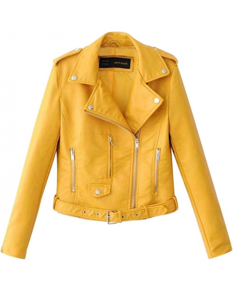 Womens Leather Jacket Jacket Tops Suit Collar Belt Stand Zip Motorcycle Coat Women's Coat Biker Coat White Leather B-yellow $...