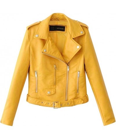 Womens Leather Jacket Jacket Tops Suit Collar Belt Stand Zip Motorcycle Coat Women's Coat Biker Coat White Leather B-yellow $...