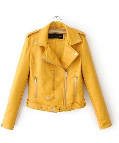 Womens Leather Jacket Jacket Tops Suit Collar Belt Stand Zip Motorcycle Coat Women's Coat Biker Coat White Leather B-yellow $...