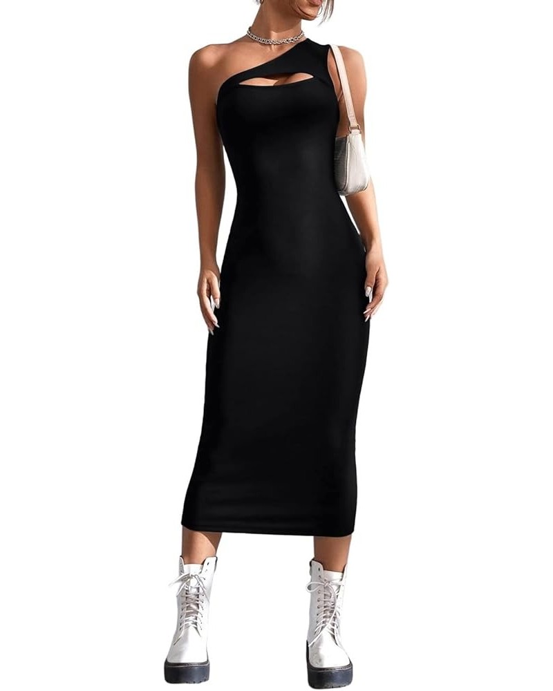 Women's Summer One Shoulder Long Formal Dresses Cutout Sleeveless Ruched Bodycon Elegant Party Maxi Dress Black $12.98 Dresses