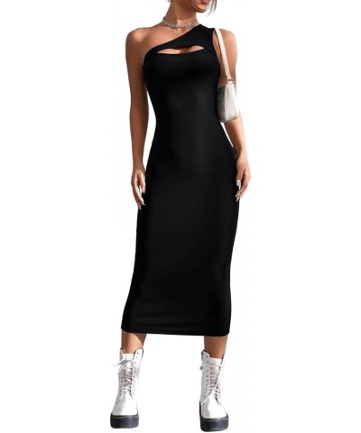 Women's Summer One Shoulder Long Formal Dresses Cutout Sleeveless Ruched Bodycon Elegant Party Maxi Dress Black $12.98 Dresses