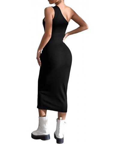 Women's Summer One Shoulder Long Formal Dresses Cutout Sleeveless Ruched Bodycon Elegant Party Maxi Dress Black $12.98 Dresses