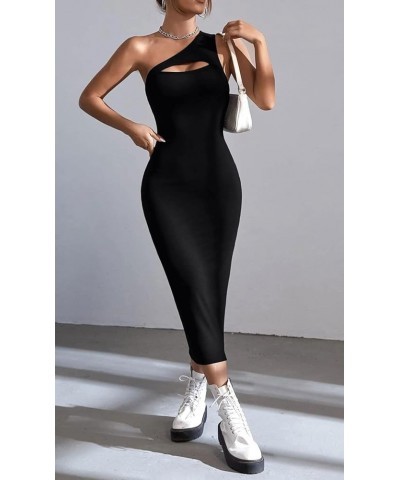 Women's Summer One Shoulder Long Formal Dresses Cutout Sleeveless Ruched Bodycon Elegant Party Maxi Dress Black $12.98 Dresses