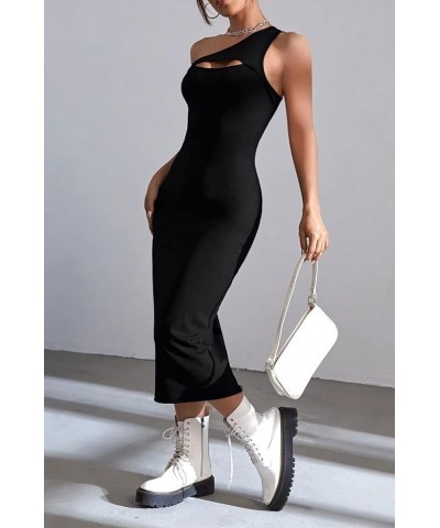 Women's Summer One Shoulder Long Formal Dresses Cutout Sleeveless Ruched Bodycon Elegant Party Maxi Dress Black $12.98 Dresses