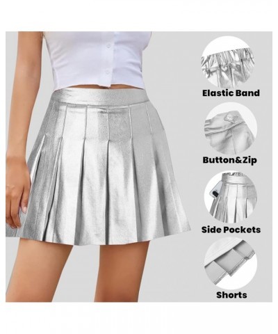 Women's Pleated Mini Skirt with Comfy Casual Stretchy Band Skater Skirt, US XS - US 4XL A Plain-silvery $12.96 Skirts