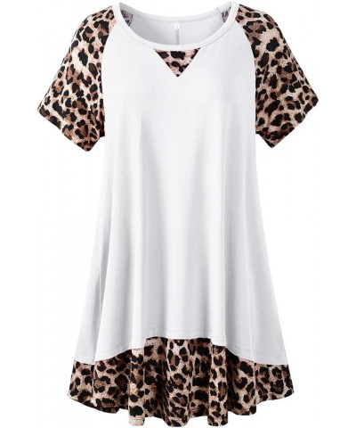 Plus Size Tops for Womens Summer Short Sleeve Tunic Shirts Crew Neck Leopard Color Block Tee White $14.24 Tops