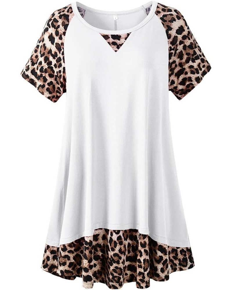 Plus Size Tops for Womens Summer Short Sleeve Tunic Shirts Crew Neck Leopard Color Block Tee White $14.24 Tops