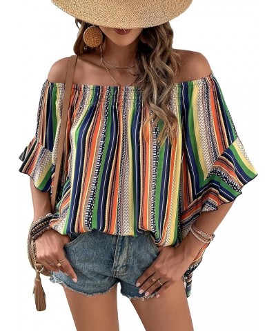 Women's Boho Striped Off Shoulder Half Bell Sleeve Blouse Top Multi Striped $19.19 Blouses