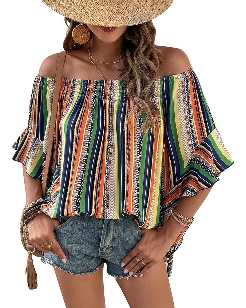 Women's Boho Striped Off Shoulder Half Bell Sleeve Blouse Top Multi Striped $19.19 Blouses