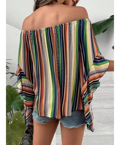 Women's Boho Striped Off Shoulder Half Bell Sleeve Blouse Top Multi Striped $19.19 Blouses