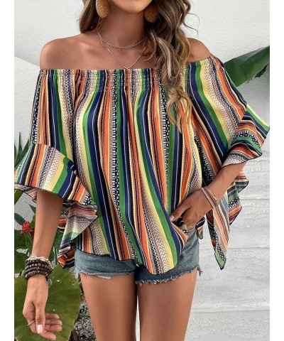 Women's Boho Striped Off Shoulder Half Bell Sleeve Blouse Top Multi Striped $19.19 Blouses