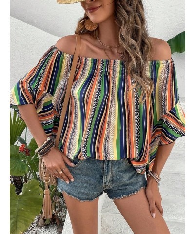 Women's Boho Striped Off Shoulder Half Bell Sleeve Blouse Top Multi Striped $19.19 Blouses