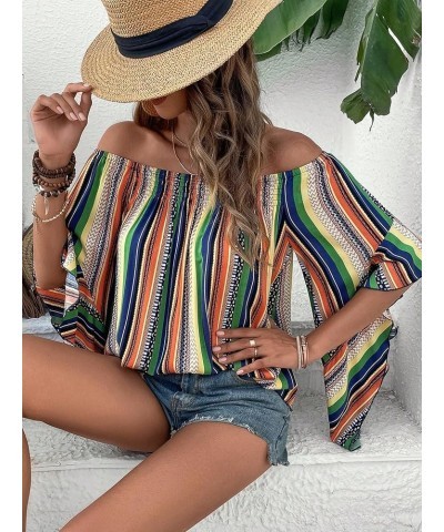 Women's Boho Striped Off Shoulder Half Bell Sleeve Blouse Top Multi Striped $19.19 Blouses