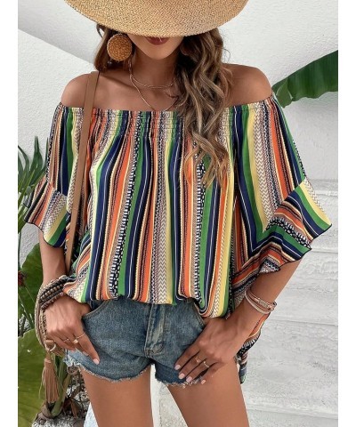 Women's Boho Striped Off Shoulder Half Bell Sleeve Blouse Top Multi Striped $19.19 Blouses