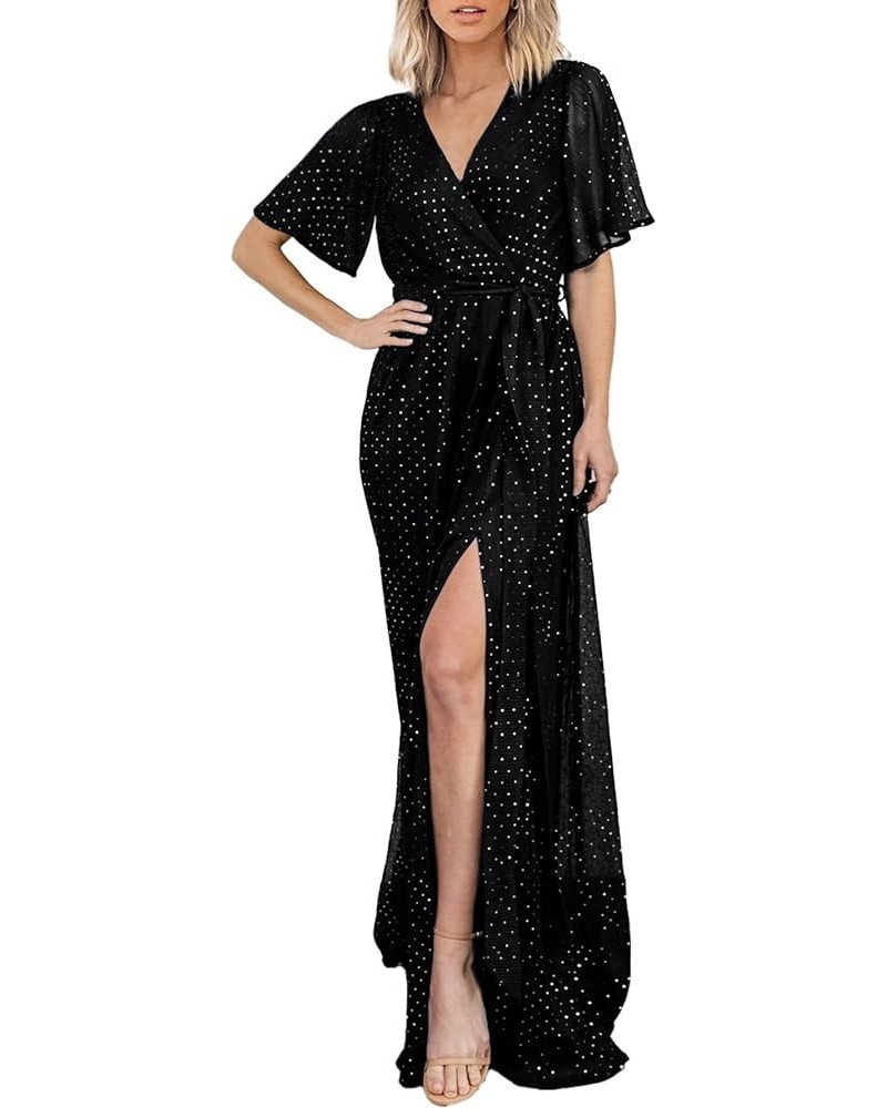 Simplee Women's Fall Wedding Guest Maxi Dress Boho Flowy V Neck Short Sleeve Semi Formal Sparkly Bridesmaid Dress Black $30.0...