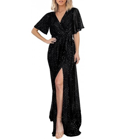 Simplee Women's Fall Wedding Guest Maxi Dress Boho Flowy V Neck Short Sleeve Semi Formal Sparkly Bridesmaid Dress Black $30.0...