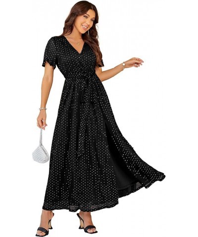 Simplee Women's Fall Wedding Guest Maxi Dress Boho Flowy V Neck Short Sleeve Semi Formal Sparkly Bridesmaid Dress Black $30.0...