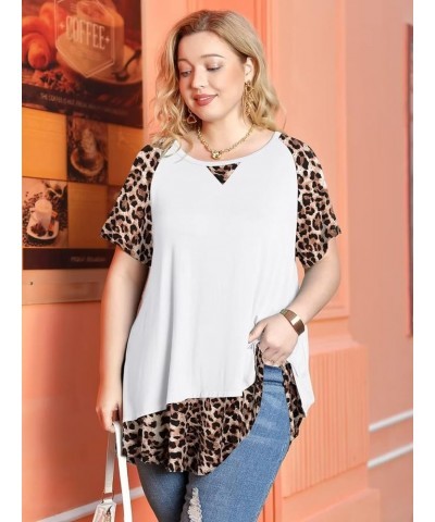 Plus Size Tops for Womens Summer Short Sleeve Tunic Shirts Crew Neck Leopard Color Block Tee White $14.24 Tops