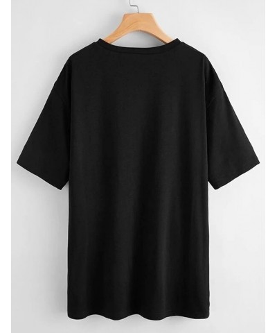 Women's Oversized Letter Graphic Tee Drop Shoulder Short Sleeve Longline Round Neck T-Shirt Top Black $16.23 T-Shirts