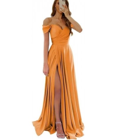 Women's Off Shoulder Prom Dresses with Slit Ruched Long Satin Formal Party Dresses 2024 Bridesmaid Dresses RO137 Orange $27.9...