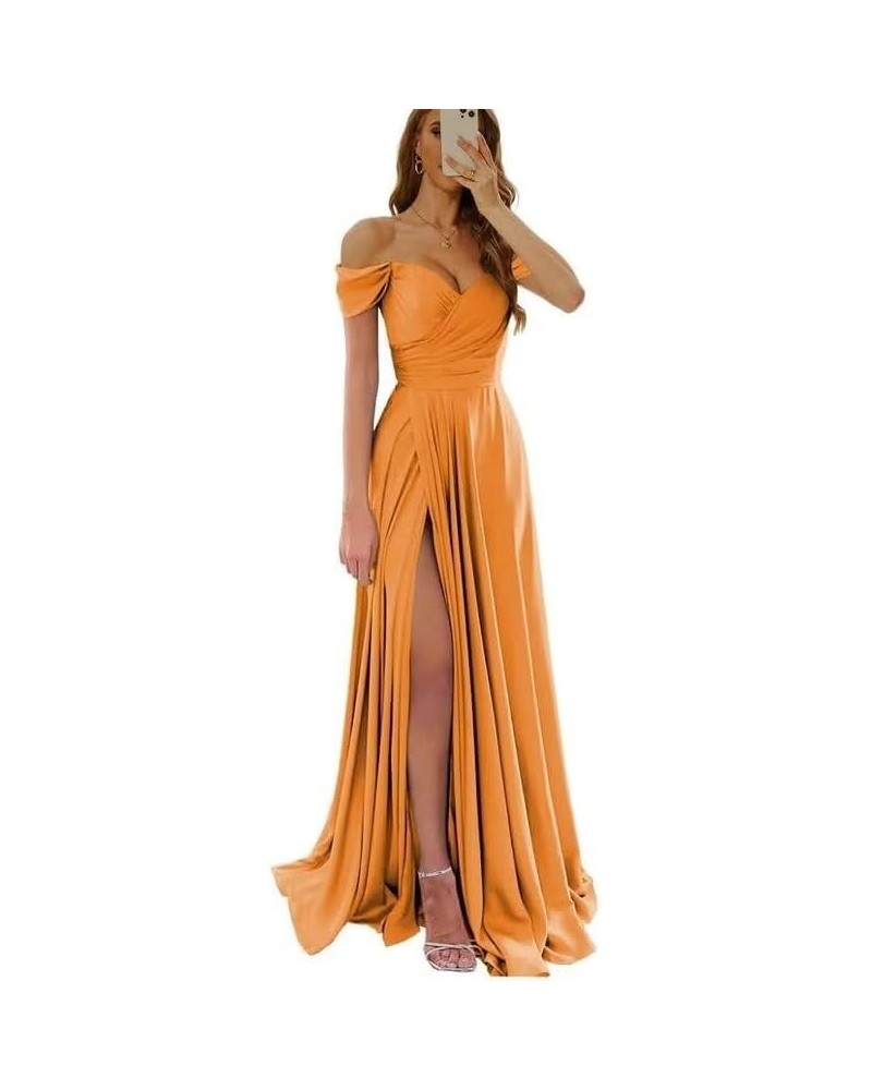 Women's Off Shoulder Prom Dresses with Slit Ruched Long Satin Formal Party Dresses 2024 Bridesmaid Dresses RO137 Orange $27.9...