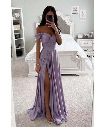 Women's Off Shoulder Prom Dresses with Slit Ruched Long Satin Formal Party Dresses 2024 Bridesmaid Dresses RO137 Orange $27.9...