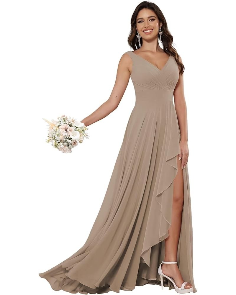 Women's V Neck Bridesmaid Dresses Long with Slit Ruffle A Line Chiffon Formal Evening Dress with Pockets VS039 Taupe $29.69 D...