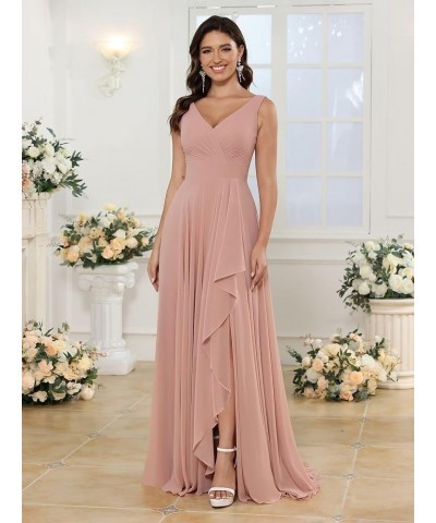 Women's V Neck Bridesmaid Dresses Long with Slit Ruffle A Line Chiffon Formal Evening Dress with Pockets VS039 Taupe $29.69 D...