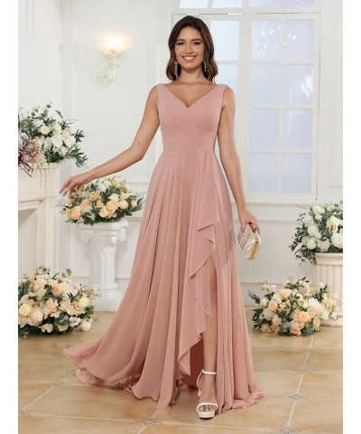 Women's V Neck Bridesmaid Dresses Long with Slit Ruffle A Line Chiffon Formal Evening Dress with Pockets VS039 Taupe $29.69 D...