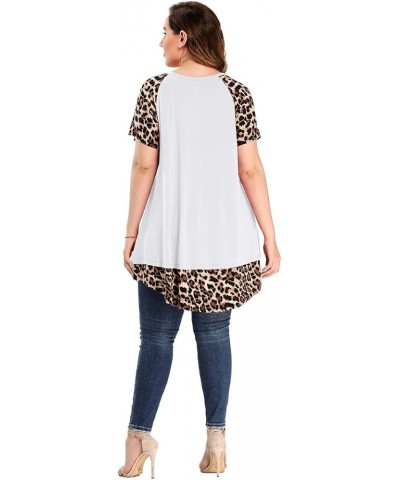 Plus Size Tops for Womens Summer Short Sleeve Tunic Shirts Crew Neck Leopard Color Block Tee White $14.24 Tops