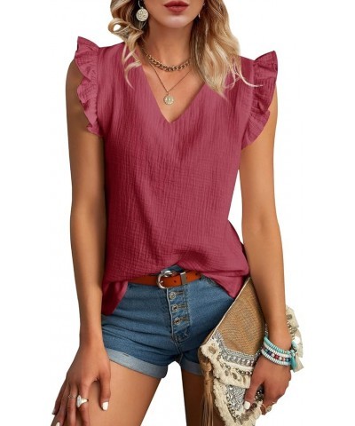 Womens Tops Summer Sleeveless V Neck Ruffle Flowy Shirts Casual Basic Vintage Elegant Blouse Tunic Burgundy $10.74 Tanks