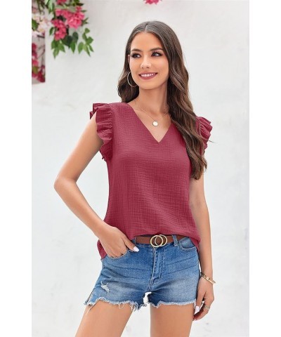 Womens Tops Summer Sleeveless V Neck Ruffle Flowy Shirts Casual Basic Vintage Elegant Blouse Tunic Burgundy $10.74 Tanks