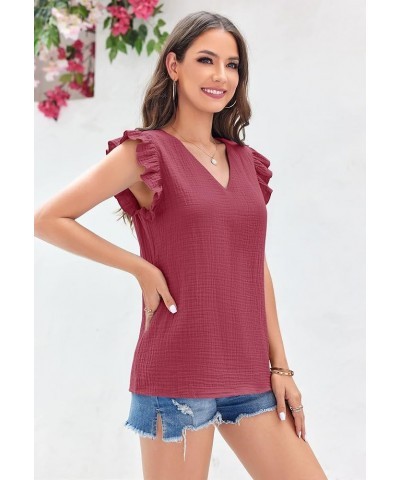 Womens Tops Summer Sleeveless V Neck Ruffle Flowy Shirts Casual Basic Vintage Elegant Blouse Tunic Burgundy $10.74 Tanks